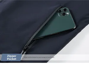 Detail of deep blue casual jacket featuring a secure hidden zipper pocket for smartphones