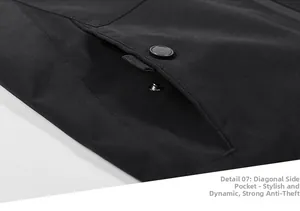 Macro detail of the black outdoor jacket featuring a slanted side pocket with a metal snap