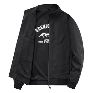 Men's Casual Stand Collar Jacket Windproof Polyester Outerwear Ribbed Cuffs Lightweight Zip Up Coat For Daily Outdoor Clothes