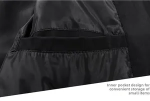 Detail view of the sleek interior pocket design on a black men's casual stand collar jacket