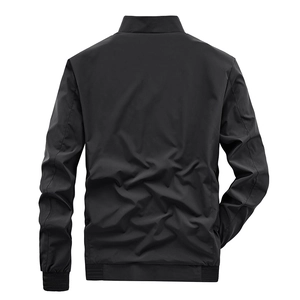 Men's slim fit black windbreaker jacket with standing collar and ribbed cuffs back view