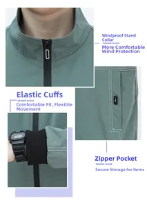Detail view of the gray-green jacket featuring a windproof collar, zip pocket, and elastic cuffs