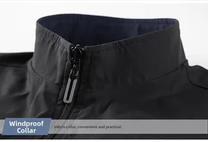 Close-up of windproof stand collar on black jacket with high-quality zipper detail