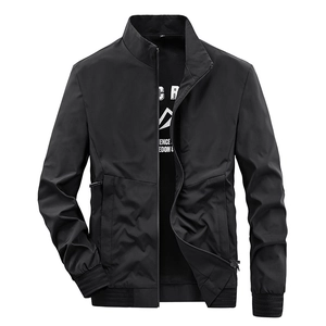 Men's black casual slim fit jacket with stand collar and full zip closure on white background