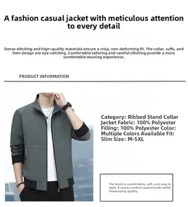 Detail view showing ribbed stand collar and zip-up front of men's polyester utility jacket