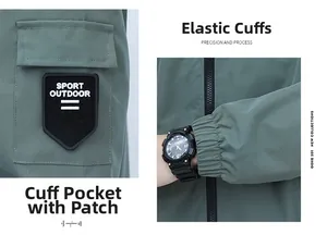 Detail of green outdoor jacket showing sleeve pocket with sport patch and elastic cuff