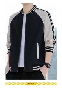 Detail of baseball jacket with raglan sleeves, striped webbing and ribbed cuffs