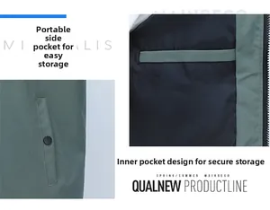 Detail of dark green windproof jacket showing button side pocket and inner security pocket