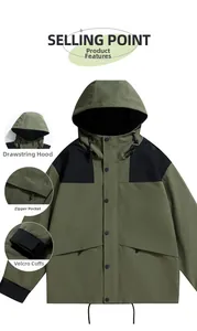 Detail view of hooded windbreaker featuring drawstring cap, zipper pockets, and velcro cuffs