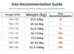 Men's casual work jacket size guide chart showing height and weight recommendations from M to 5XL