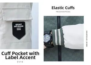 Detailansicht der olivgrünen Jacke mit elastischen Streifenbündchen und Ärmeltasche
