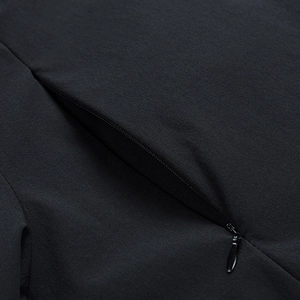 Men's business casual mid-length black jacket featuring a hidden zipper close-up view