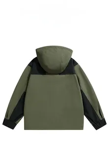 Back view of hooded windbreaker jacket in green and black colorblock with velcro cuffs