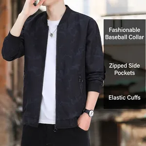 Men's loose black bomber jacket with camouflage texture and ribbed cuffs for outdoor