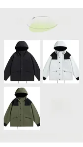 Outdoor hooded jackets in black, military green, and white colorways with drawstrings