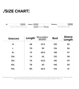 Detailed size chart for men's winter puffer jacket showing measurements from M to 5XL