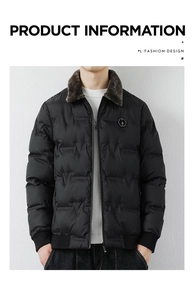 Detail of men's winter jacket featuring a plush brown faux fur collar and logo badge