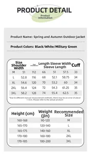 Detailed size guide table for spring hooded windbreaker jacket in black white and green