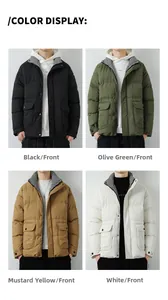 Men's winter puffer jackets shown in black, green, yellow and white with grid texture