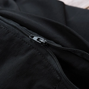 Close-up of high-quality black zipper on a business casual mid-length jacket for men