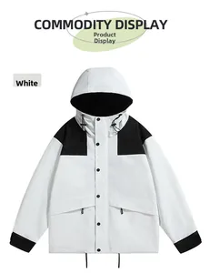 Detail of hooded windbreaker jacket with black and white contrast and velcro cuffs