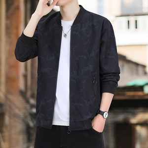 Men's black bomber jacket with grey marble pattern print and casual athletic design