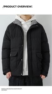 Detail of black puffer jacket showing houndstooth collar lining and large flap pockets