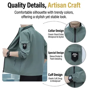 Men's sage green outdoor jacket with standing collar and utility sleeve pocket