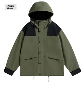 Detail view of army green hooded windbreaker with drawstring and velcro cuffs
