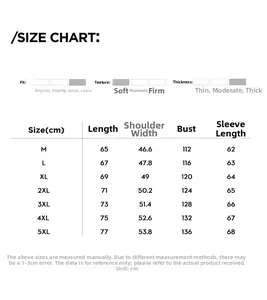 Detailed size chart for men's winter jacket showing measurements from M to 5XL sizes