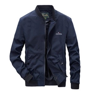 Navy blue men's bomber jacket with stand collar and white chest print logo detail
