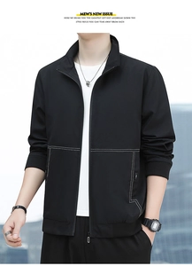 Detail of black workwear jacket featuring white contrast stitching and a stand collar design