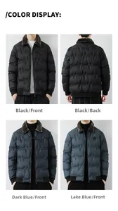 Detail view of winter jackets with fur collars in black, dark blue, and light blue colors