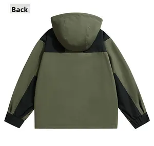 Back view of a hooded windbreaker jacket in army green and black outdoor utility style
