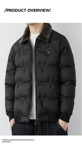 Detail of men's padded winter jacket featuring a dark brown fur collar and metal zipper