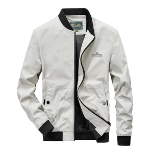 Men's casual light grey bomber jacket with stand collar and black ribbed trim accents