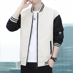 Mode Herren-Baseballjacke mit Farbblock-Design, Stehkragen und geometrischem Muster