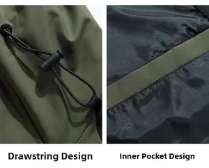 Detail of adjustable drawstring and inner pocket on a green windbreaker jacket
