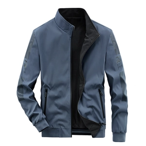 Men's reversible stand collar bomber jacket in blue-grey with FREE sleeve print detail