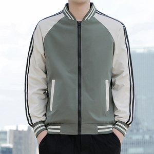 Men Bomber Jacket Color Block Polyester Baseball Outerwear Casual Contrast Sleeve Striped Ribbed Trim Full Zip Coat