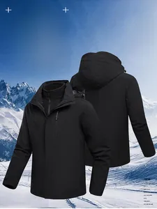 Close-up of black 3-in-1 hiking jacket showing warm fleece lining and windproof zipper hood