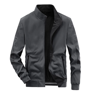 Men's dark grey reversible jacket with a stand collar and athletic sleeve prints