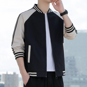 Men's hooded baseball jacket with contrast sleeves and ribbed striped cuffs