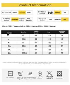 Size guide for men's hooded winter coat with material details and washing instructions