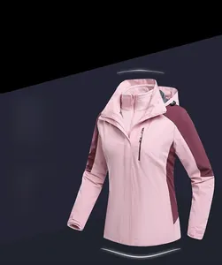 Detail view of pink outdoor 3-in-1 jacket with 3D draping and waterproof zippers