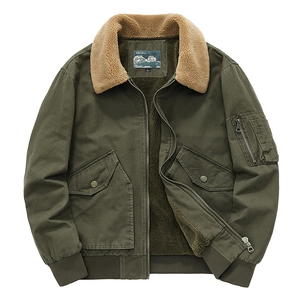 Veste aviateur homme vert olive avec col en laine d'agneau et doublure polaire épaisse