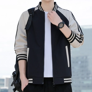 Men's casual varsity jacket in black and cream with striped cuffs for autumn