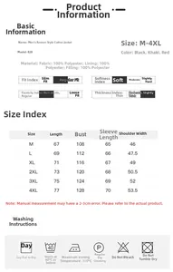 Size chart for men winter jacket showing dimensions and polyester material details