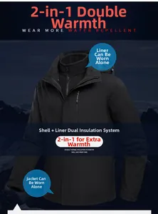 Close-up of waterproof black outdoor jacket with removable fleece lining and zip pocket