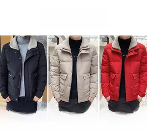Men's winter quilted jacket with faux fur collar in black, khaki, and red color options